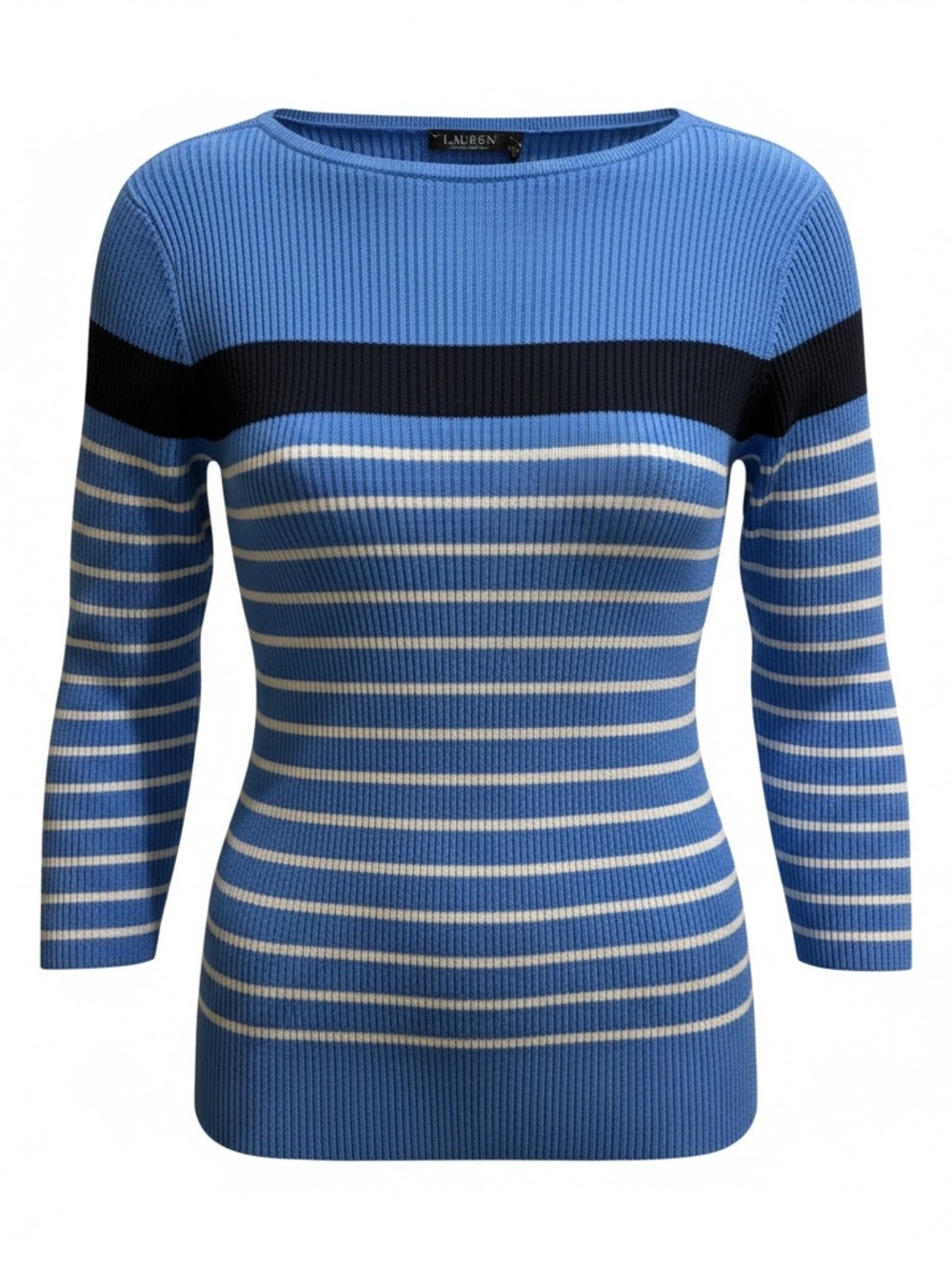 Ralph Lauren Blue Striped Scoopneck Sweater with Black Accent